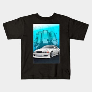 Chaser jzx100 with 1jz engine background, Kids T-Shirt